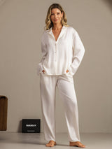 [Vit] SilkSilky-SE 19Momme Lång Ärm Notchkrage Dam Pyjama 008