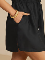 [Svart] SilkSilky-SE 18Momme Kappärm Henley-halsringning Klänning 005