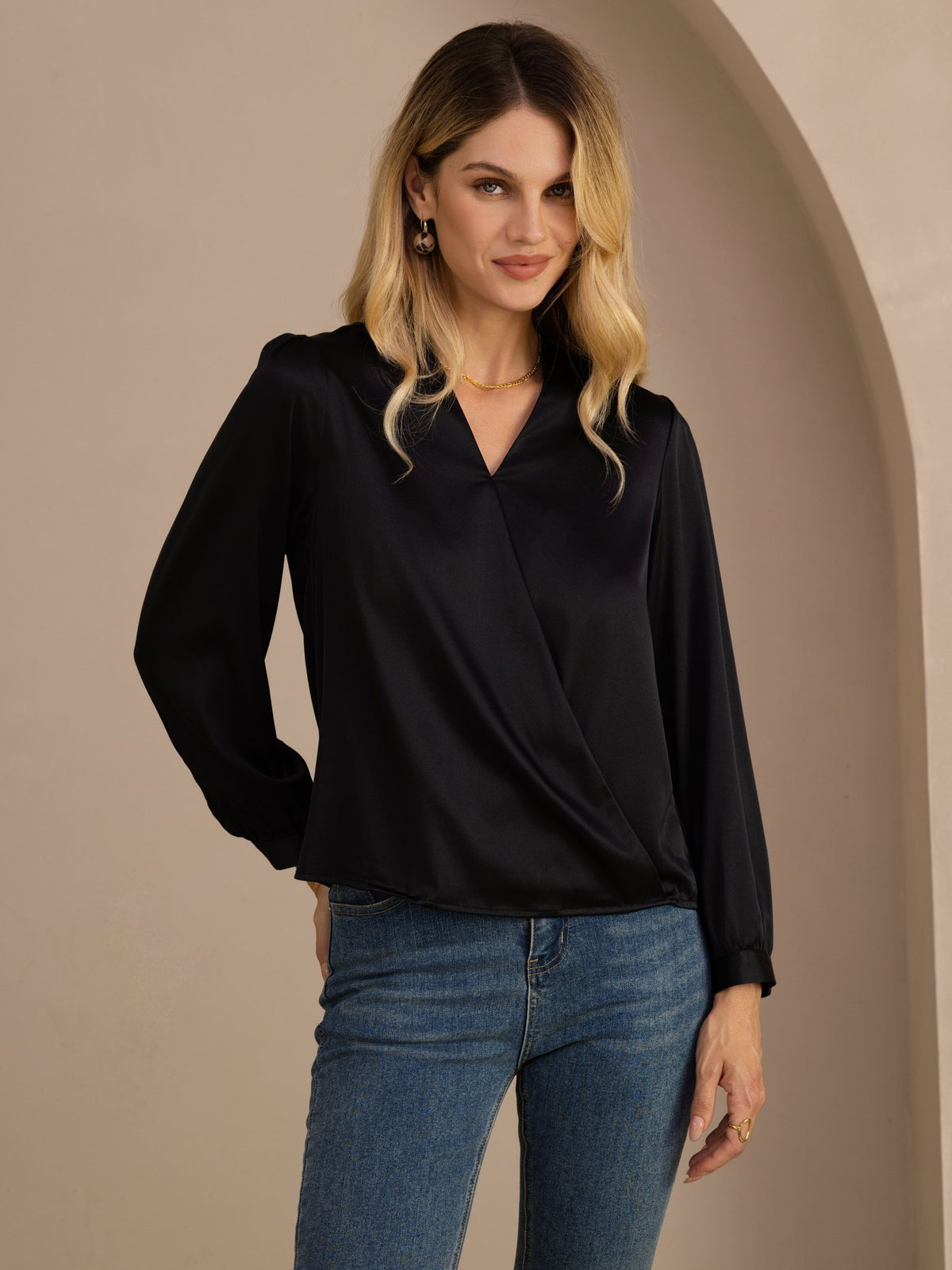 [Svart] SilkSilky-SE Long Sleeve Blouse 001