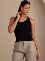 [Svart] SilkSilky-SE Sleeveless Deep V Neck Cami Toppar 004