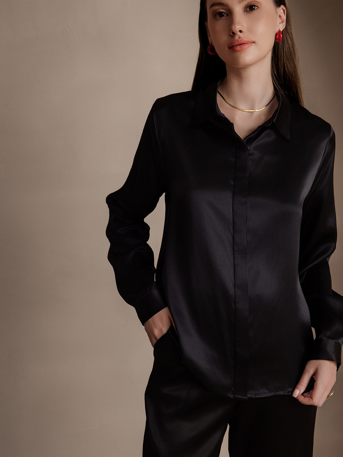 [Svart] SilkSilky-SE 19Momme Silke Lapel Collar Damskjorta 001