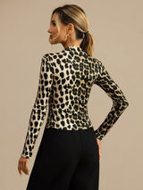 [Leopard] SilkSilky-SE Lång Ärm Mockkrage Dam T-Shirt 002
