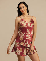 [Vinröd Drake] SilkSilky-SE Spaghetti Strap V Neck Camisole Set 004