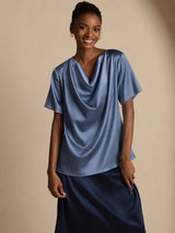 [Äkta Petrol] SilkSilky-SE Short Sleeve Cowl Neck Damblusar 001