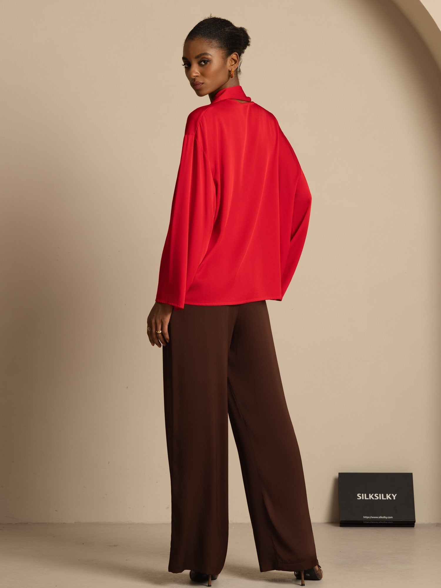 [Vin] SilkSilky-SE 19Momme Silke Lång Ärm V Ringning Blus 007