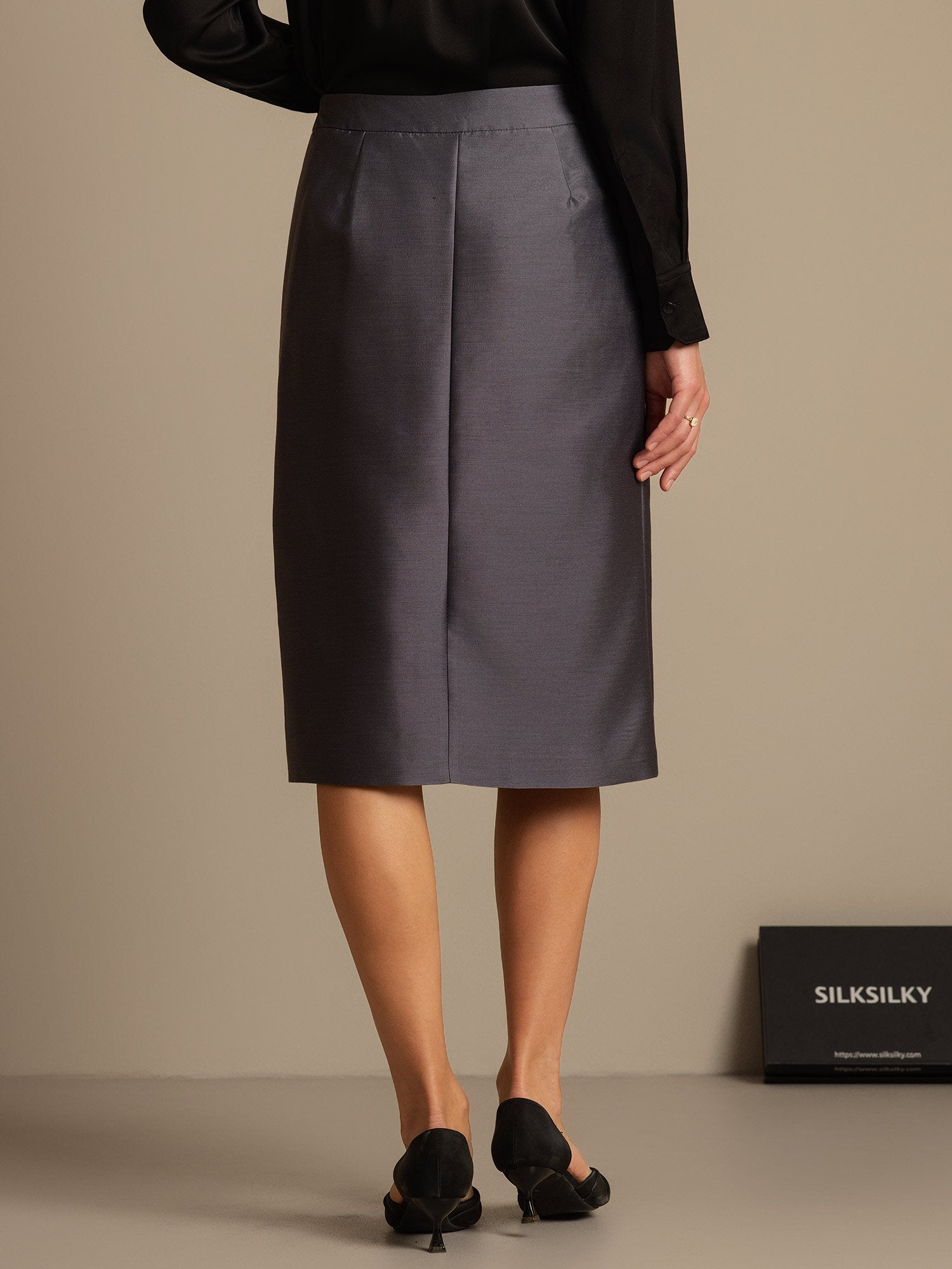 [Grå] SilkSilky-SE 32Momme Silk-Wool Blend Skirt 002,