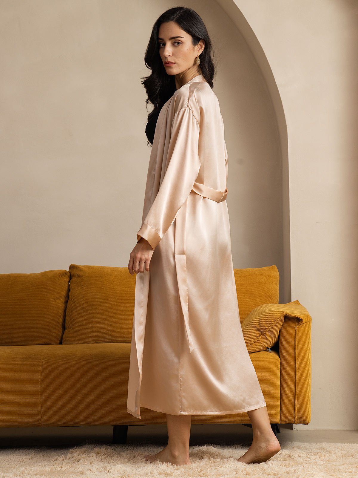 SilkSilky-SE Rent Silke Lång Ärm Womens Robe Champagne 002