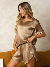 [Champagne] SilkSilky-SE Kort Ärm Rund Halsringning Dam Pyjama 001