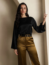 [Svart] SilkSilky-SE Long Sleeve Boat Neck Blus 004