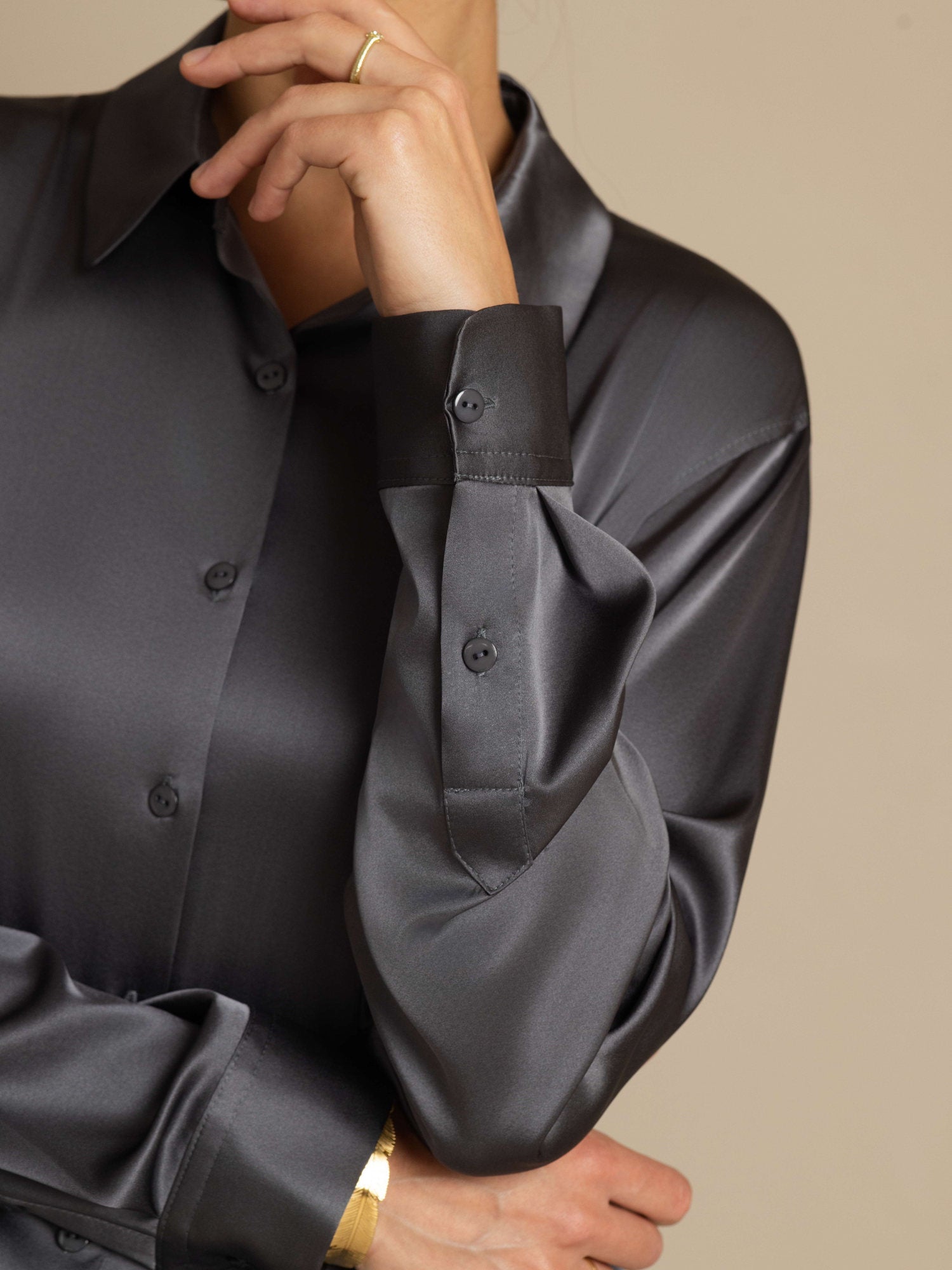 [Mörkgrå] SilkSilky-SE Silke Lång Ärm Krage Damskjorta 005