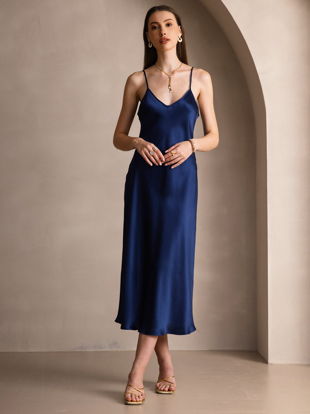 [Mörkblå] SilkSilky-SE Rent Silke Dress 003