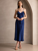 [Mörkblå] SilkSilky-SE Spaghetti Strap V Neck Klänning 003