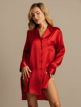 [Röd] SilkSilky-SE Long Sleeve Lapel Collar Dam Sömnskjorta 001