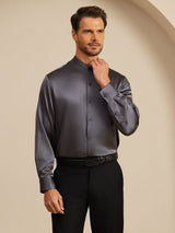 [Mörkgrå] SilkSilky-SE Long Sleeve Stand Collar Herrskjorta 006