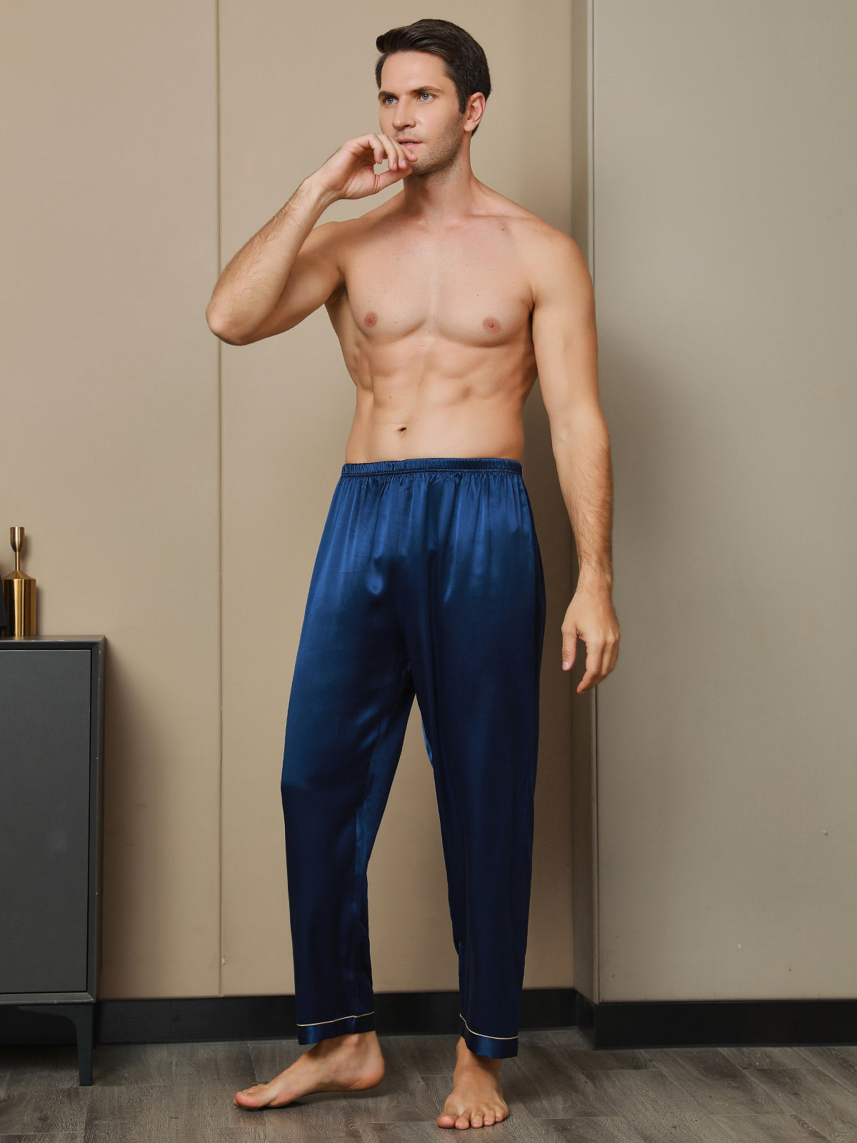 [Mörkblå] SilkSilky-SE Rent Silke Mens Sleep Bottoms 004