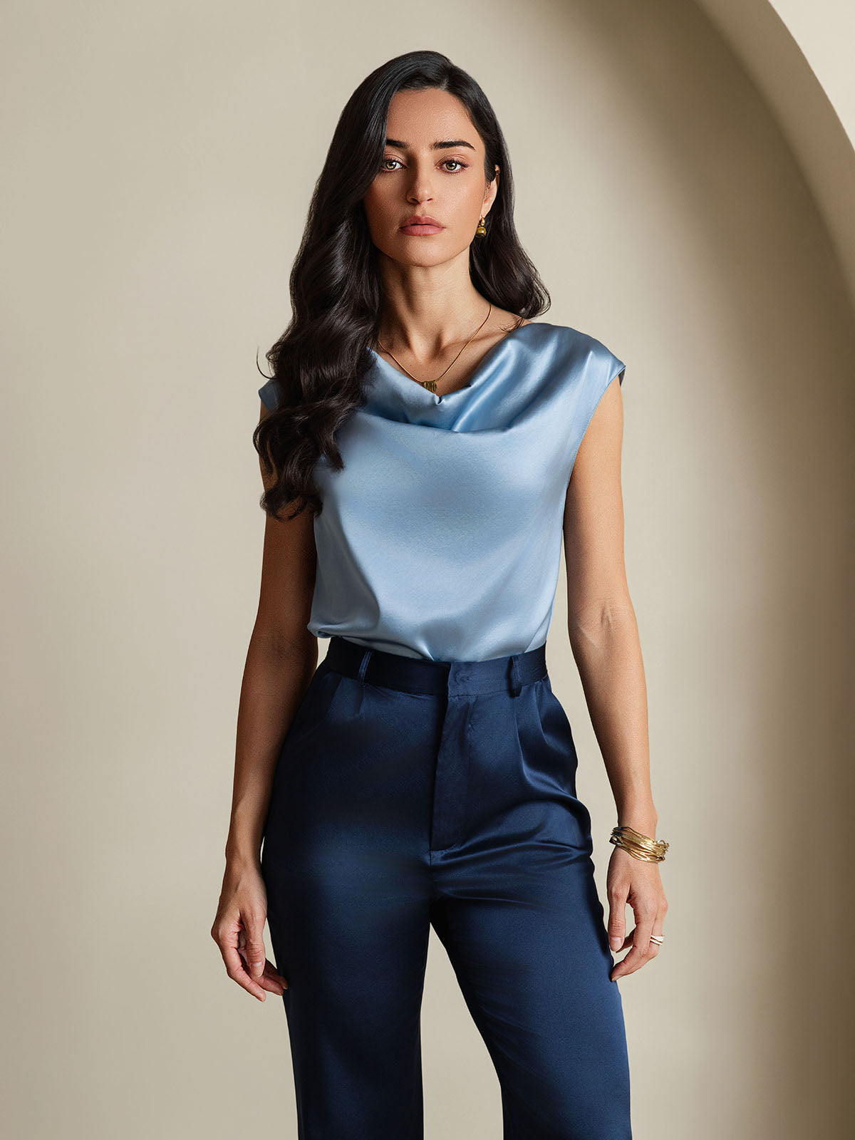 [Gråblå] SilkSilky-SE 19Momme Silke Ärmlös Womens T-Shirt 003