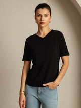 [Svart] SilkSilky-SE Kort Ärm V Ringning Dam T-Shirt 001