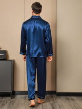 [Mörkblå] SilkSilky-SE Long Sleeve Lapel Collar Herr Pyjama 002