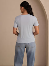 [Gråblå] SilkSilky-SE Short Sleeve V Neck Dam T-Shirt 002