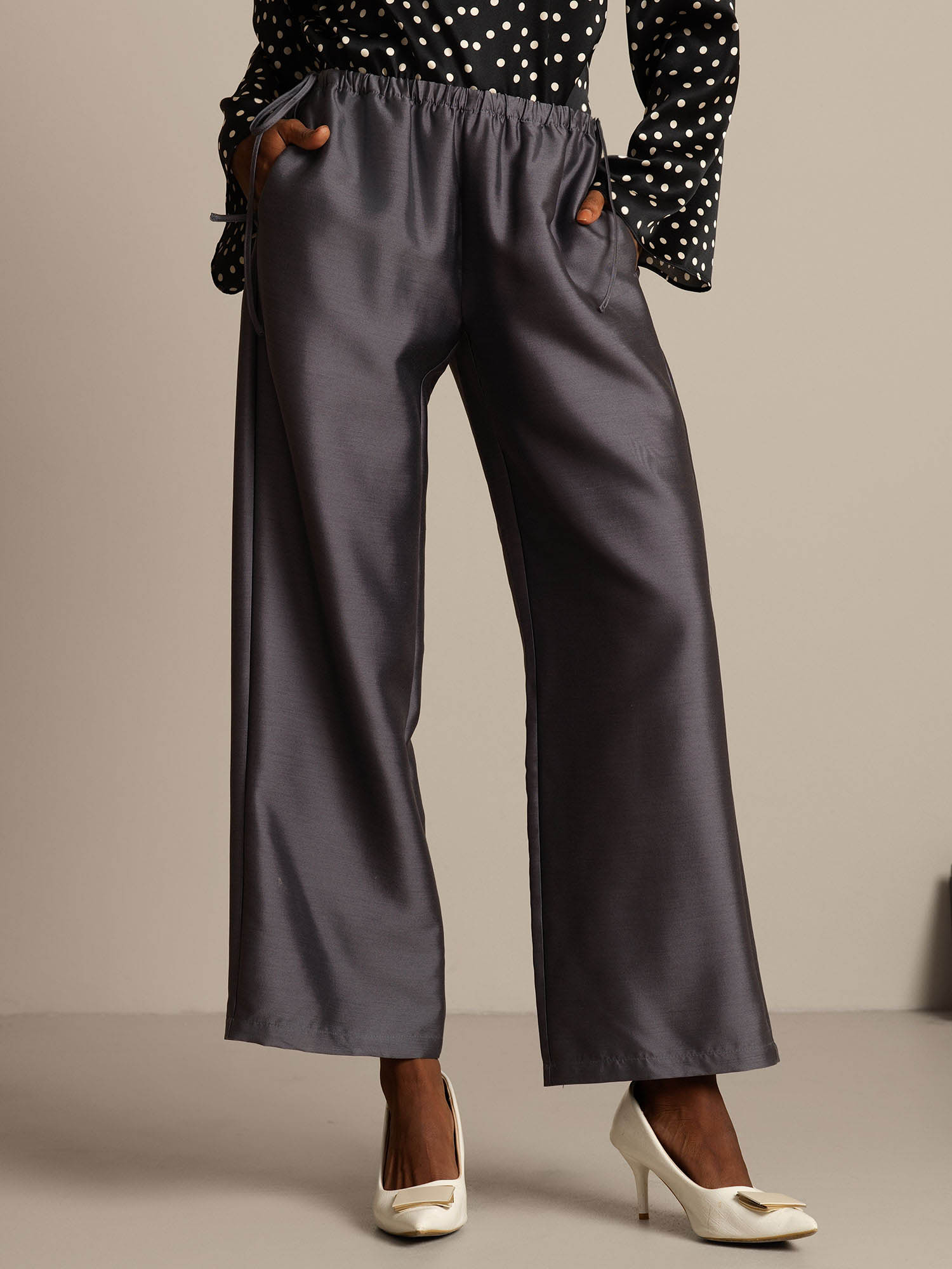 [Grå] SilkSilky-SE 32Momme Silk-Wool Blend Womens Pants 001,