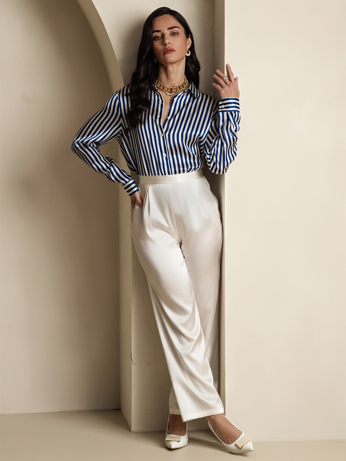 [Marin Rand] SilkSilky-SE Silke Lång Ärm Krage Damskjorta 008