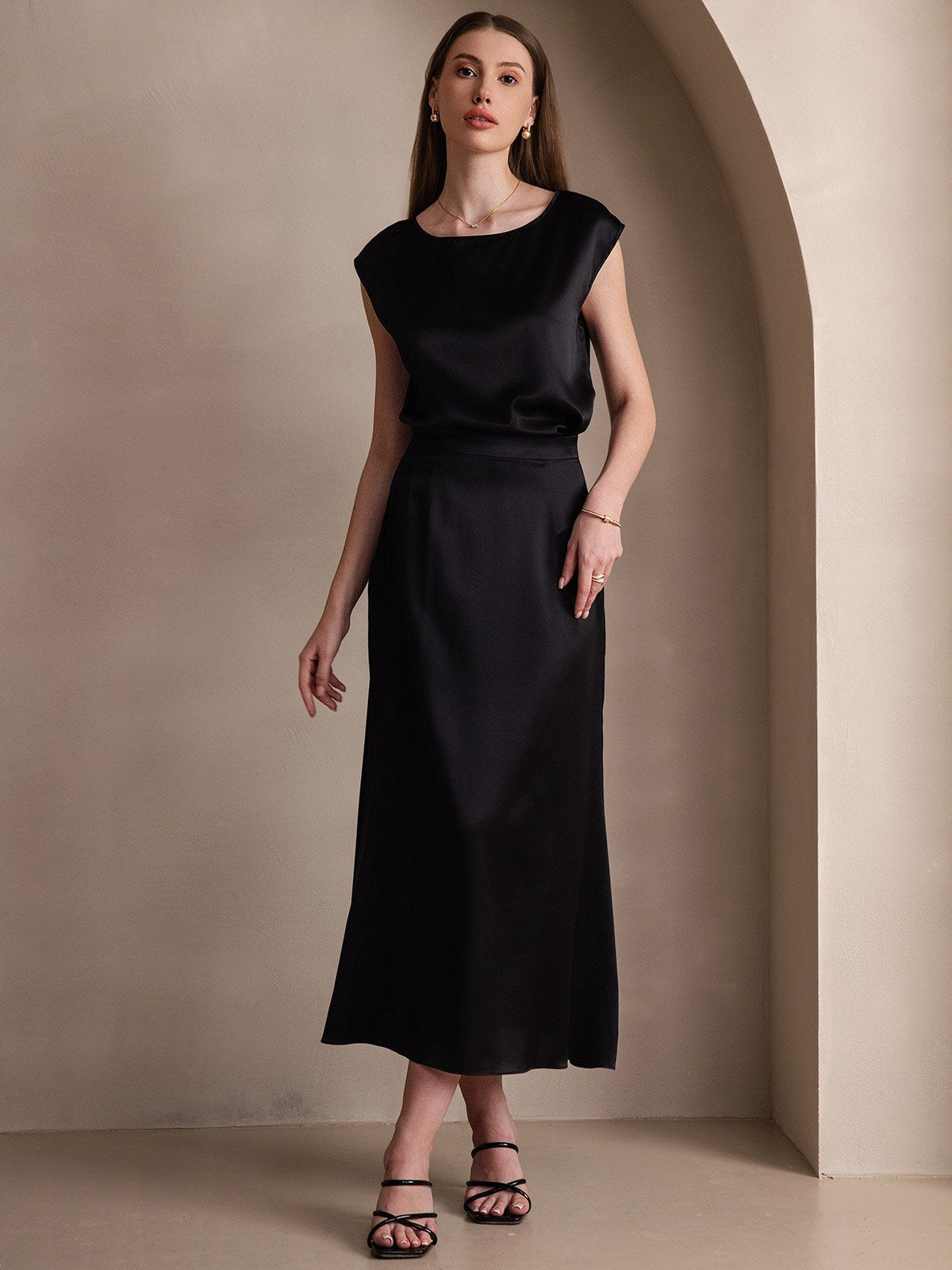 [Svart] SilkSilky-SE 19Momme Silke Skirt 007