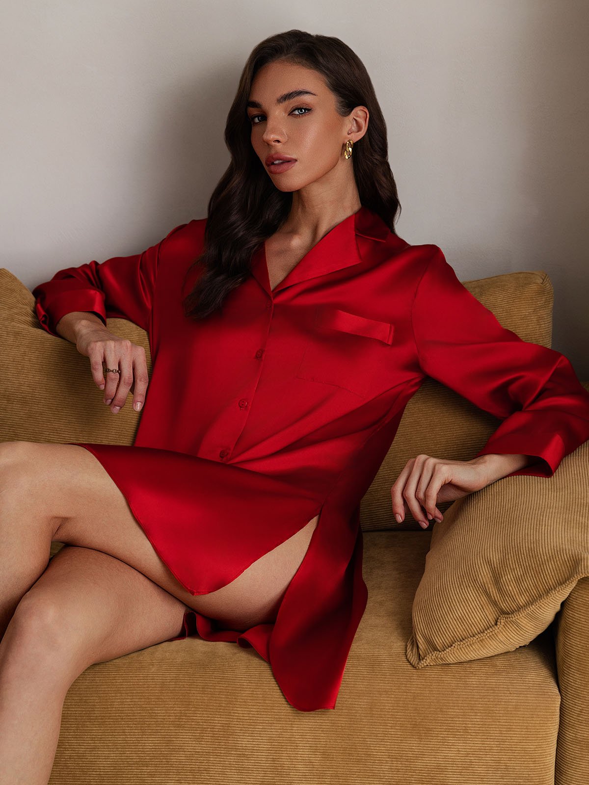 [Röd] SilkSilky-SE Rent Silke Krage Nattlinne 008