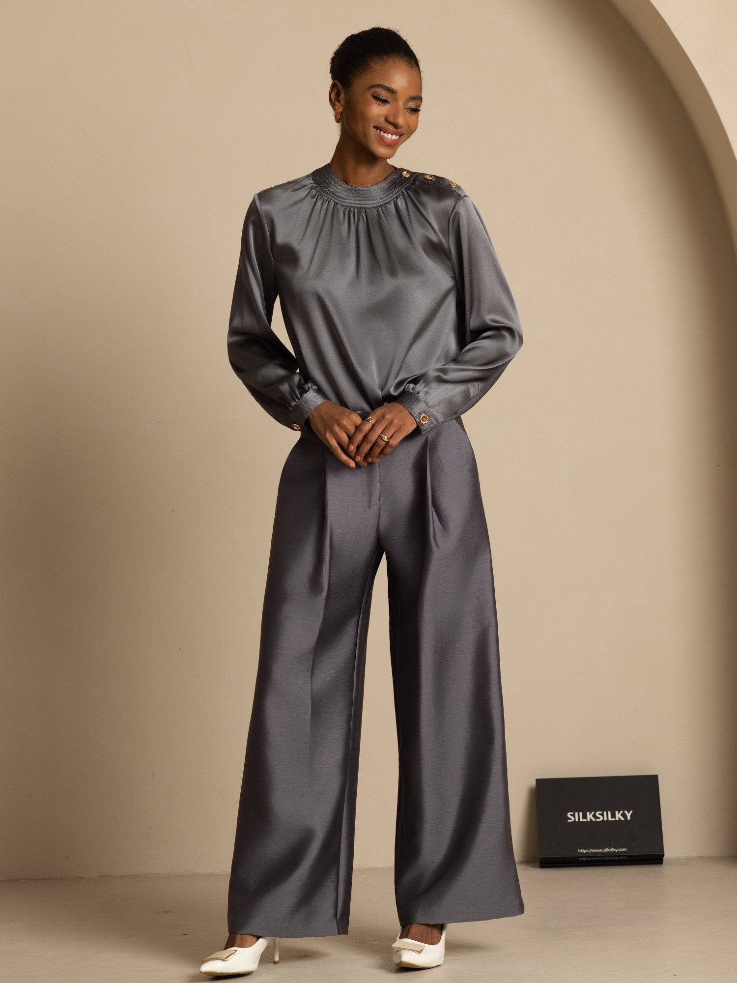 [Mörkgrå] SilkSilky-SE 19Momme Silke Lång Ärm Rund Halsringning Blus 008