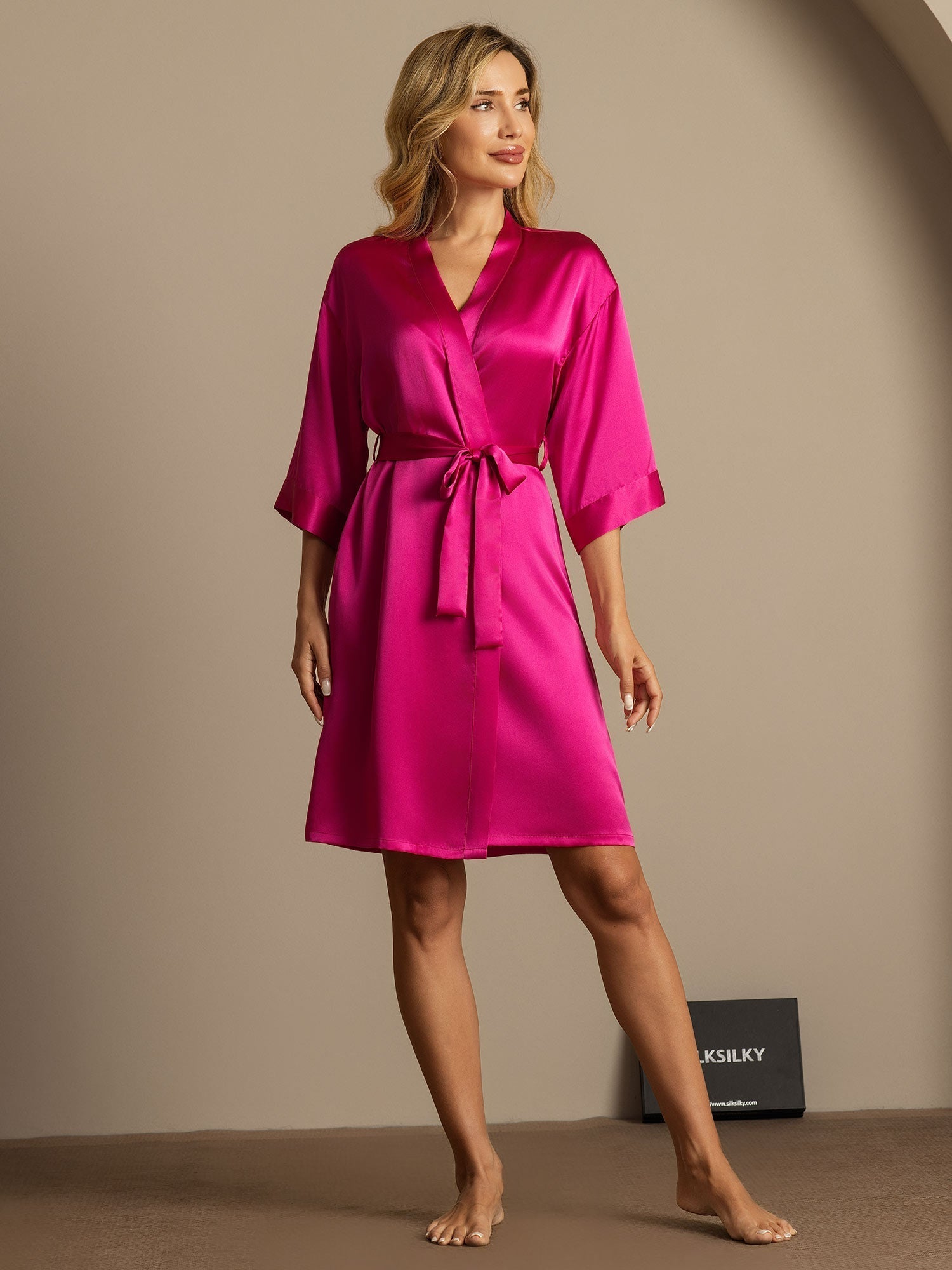 [Rosröd] SilkSilky-SE Rent Silke Hårärm Womens Robe 006