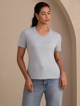[Gråblå] SilkSilky-SE Short Sleeve V Neck Dam T-Shirt 001