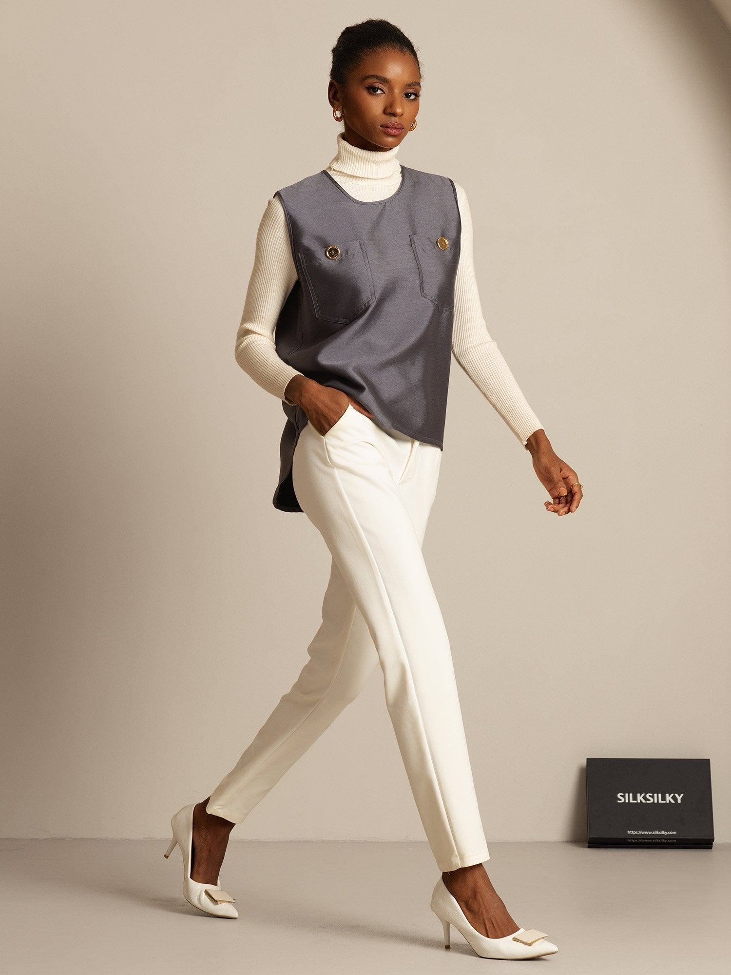 [Grå] SilkSilky-SE 32Momme Silk-Wool Blend Womens Vest 005,