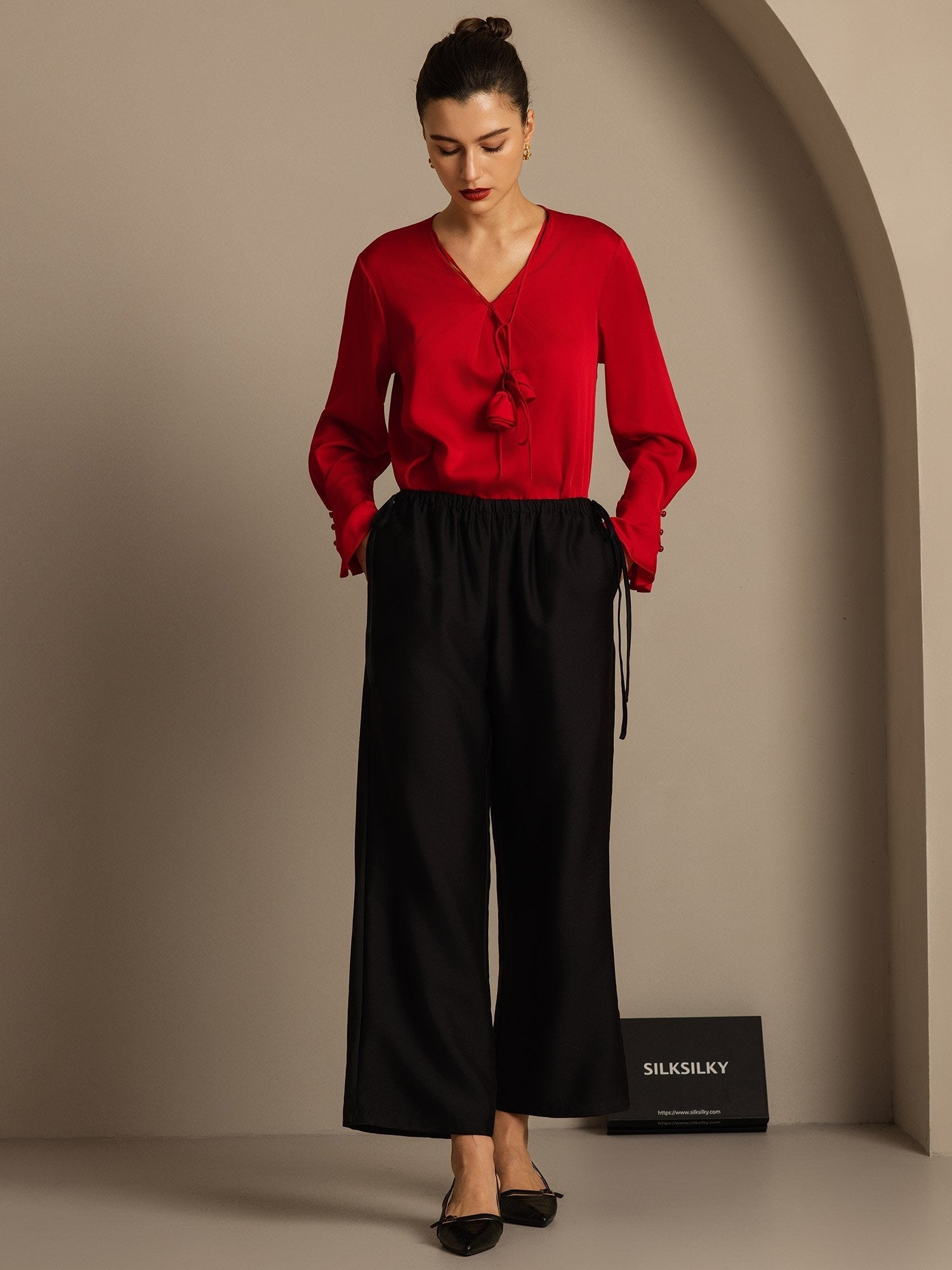 [Svart] SilkSilky-SE 32Momme Silk-Wool Blend Womens Pants 005,