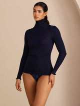 [Mörkblå] SilkSilky-SE Long Sleeve Turtle Neck Dam T-Shirt 007