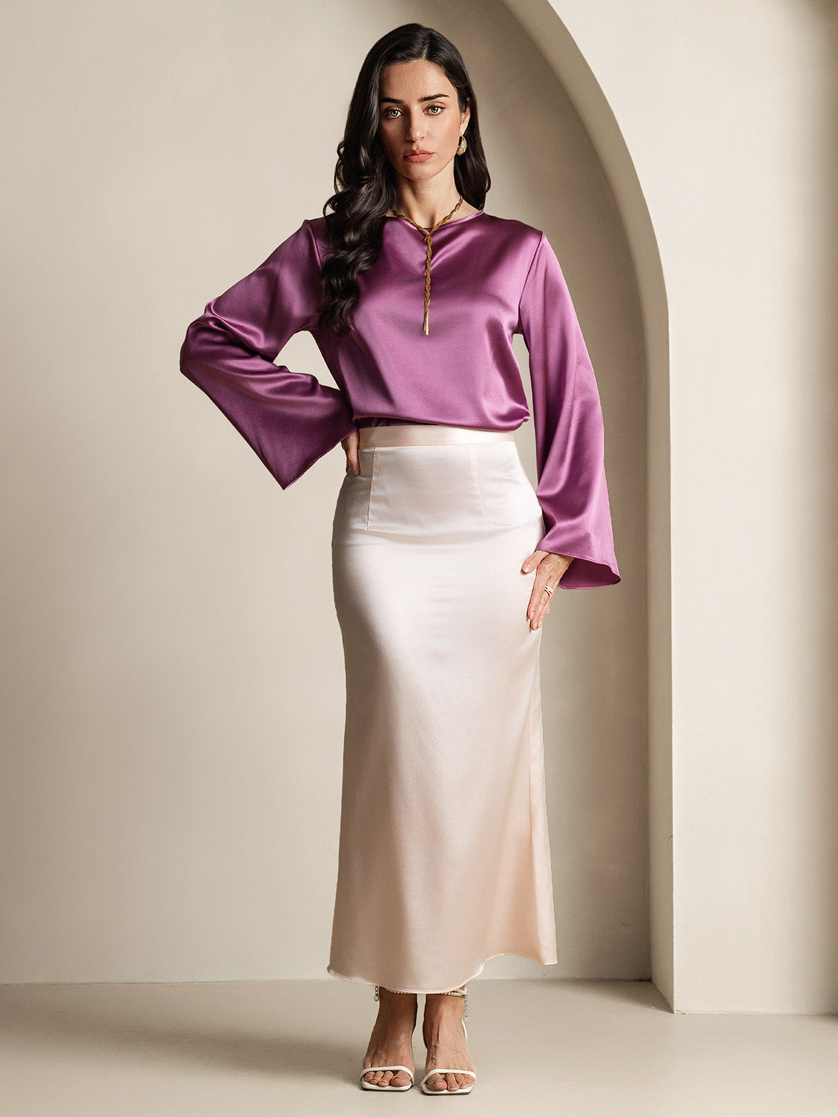 [Mörklila] SilkSilky-SE 19Momme Silke Womens T-Shirt 008,