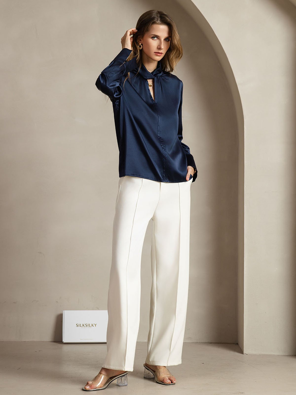 [Mörkblå] SilkSilky-SE 19Momme Silke Womens Shirt 007