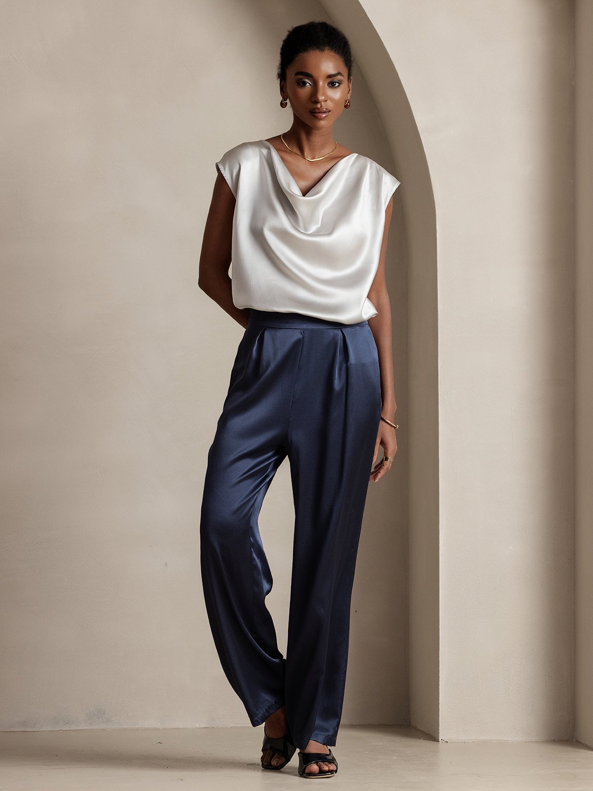 [Ljusgrå] SilkSilky-SE 19Momme Kappärm Cowl Halsringning Dam T-Shirt 004