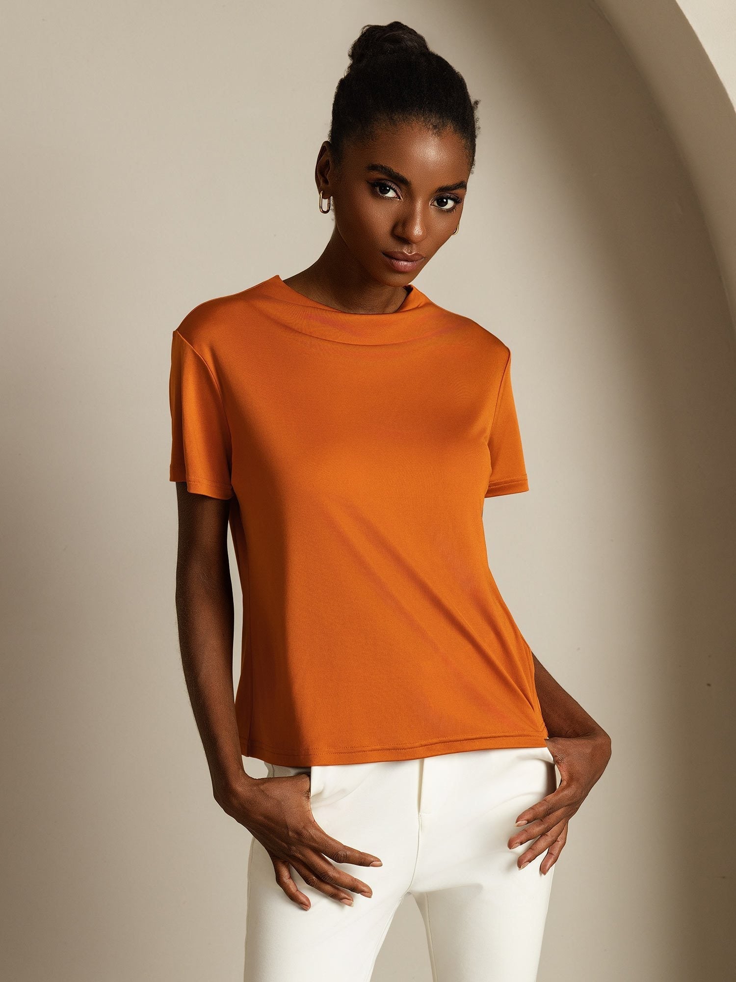 [Orange] SilkSilky-SE Rent Silke Krage Dam T-Shirt 004