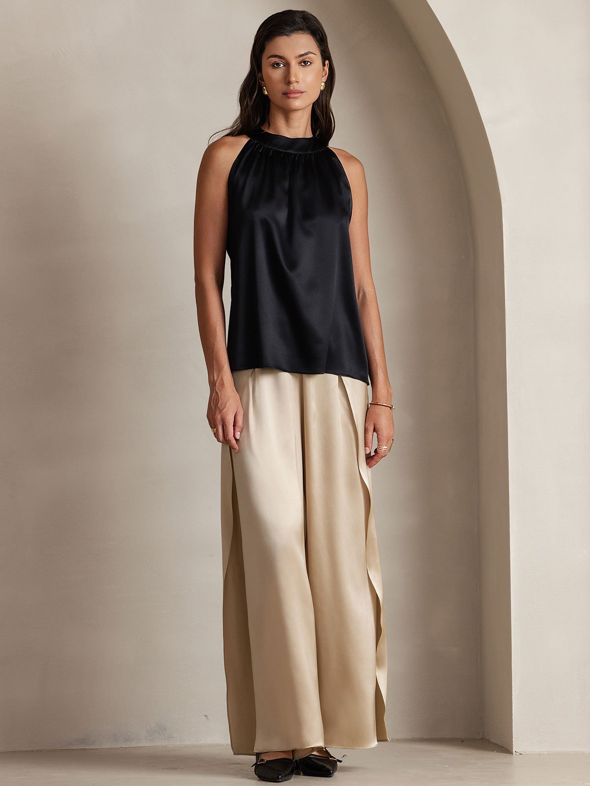 [Svart] SilkSilky-SE 19Momme Silke Womens T-Shirt 001