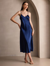 [Mörkblå] SilkSilky-SE Spaghetti Strap V Neck Klänning 001