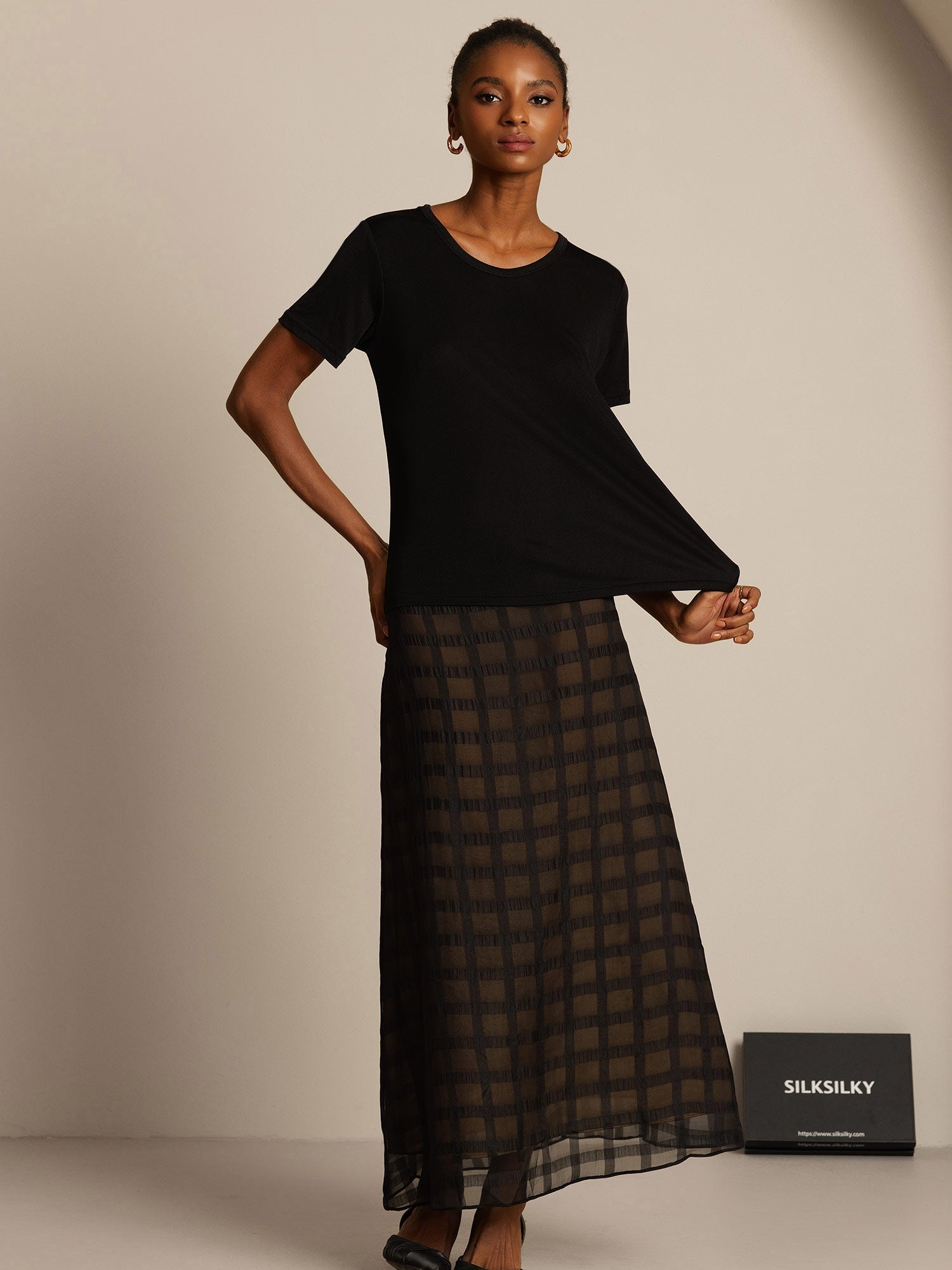 [Svart] SilkSilky-SE Silke Stickad Womens T-Shirt 008,