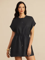 [Svart] SilkSilky-SE 18Momme Kappärm Henley-halsringning Klänning 003