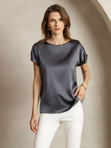 [Mörkgrå] SilkSilky-SE 19Momme Kort Ärm Båtringad Dam T-Shirt 004