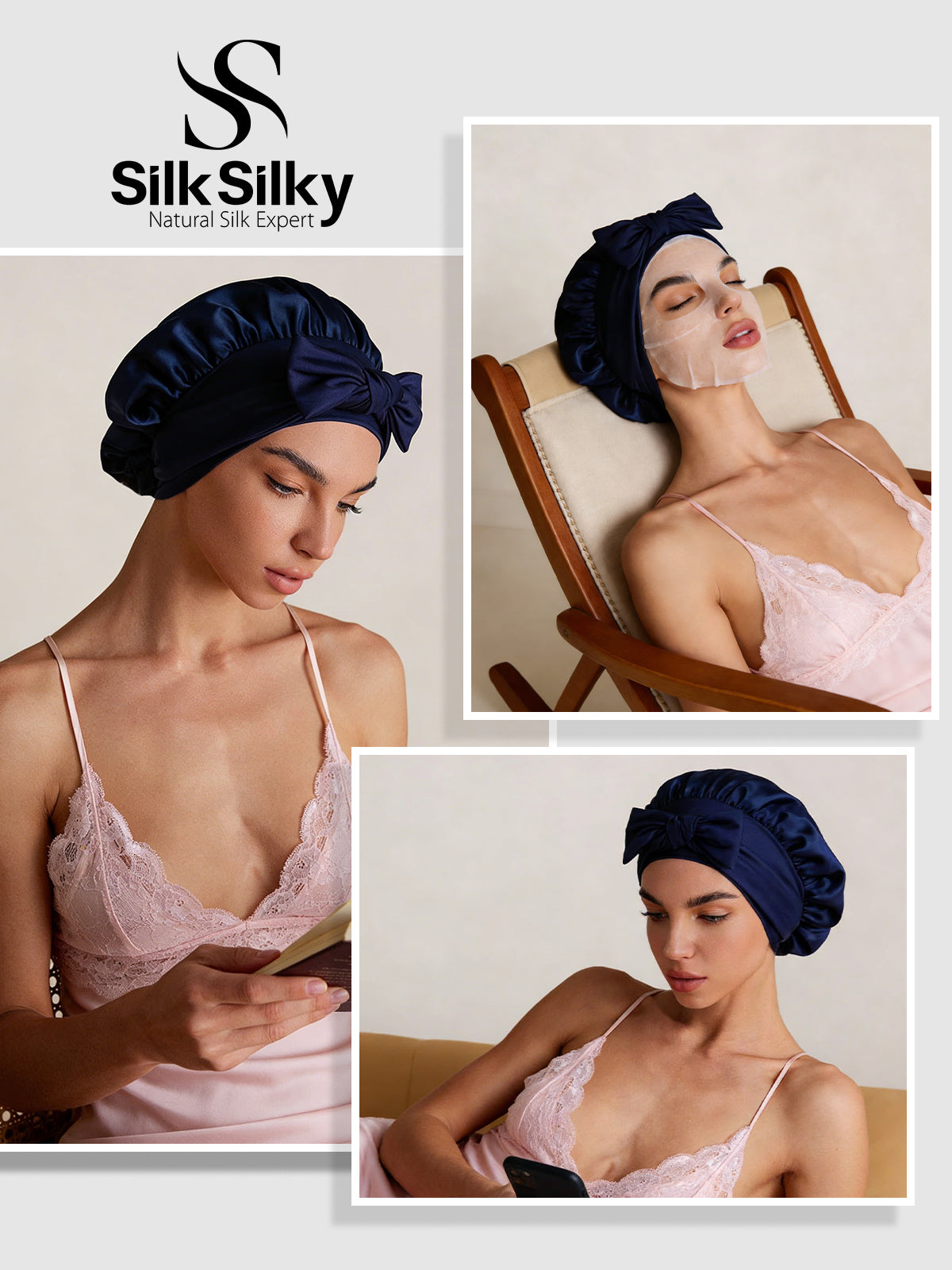 [Mörkblå] SilkSilky-SE Rent Silke Sleep Cap 005