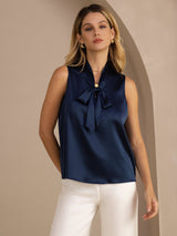 [Mörkblå] SilkSilky-SE Sleeveless Tie Neck Cami Toppar 001