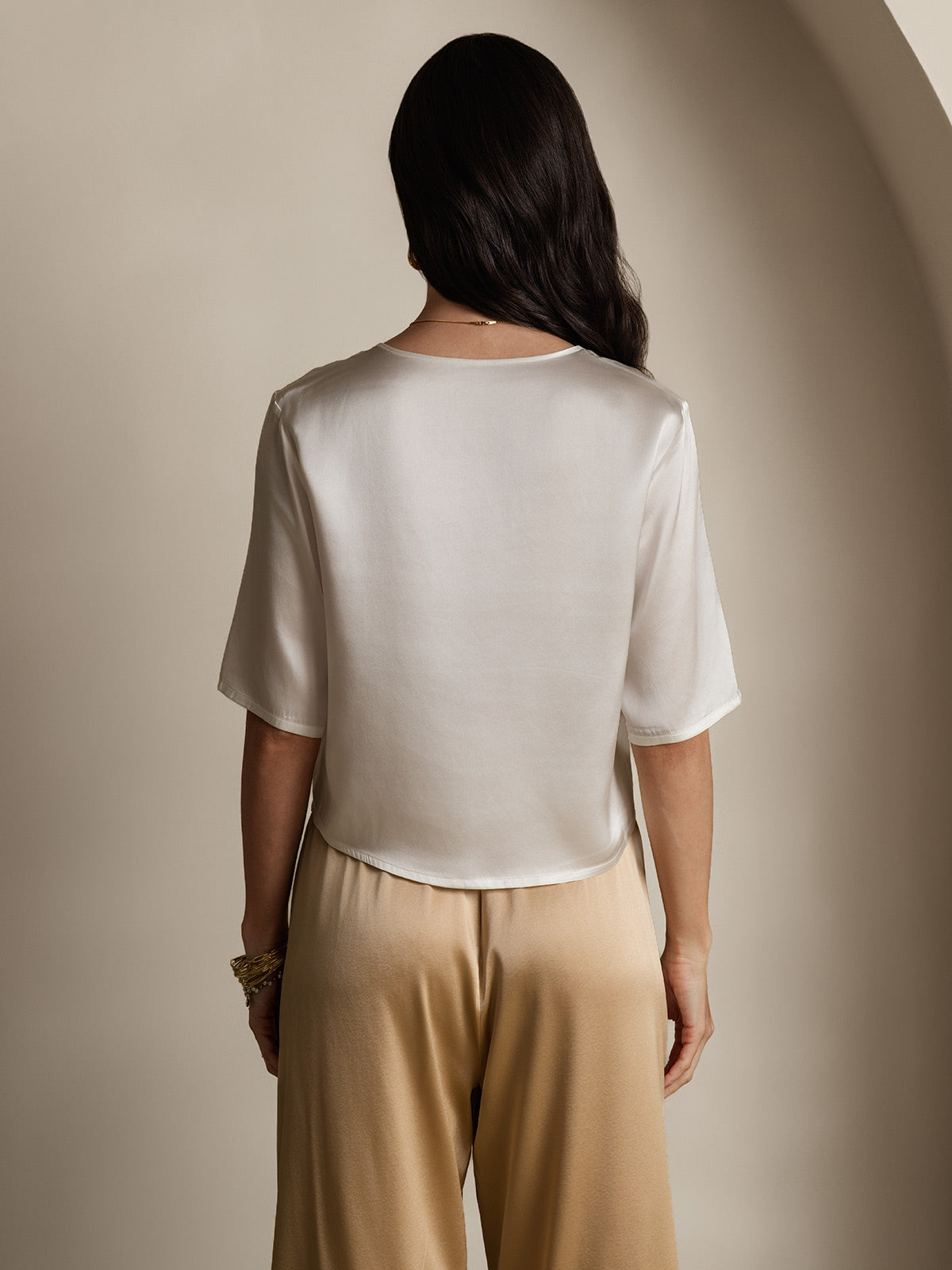[Vit] SilkSilky-SE Hårärm Djup Rund Halsringning Dam T-Shirt 002