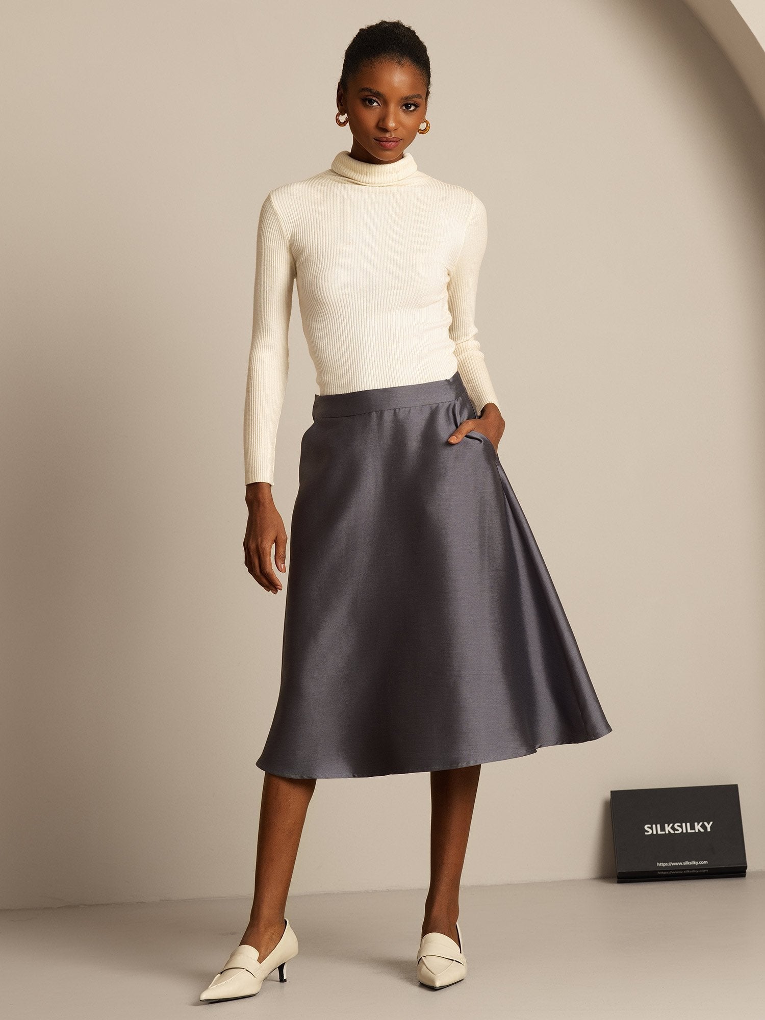 [Grå] SilkSilky-SE 32Momme Silk-Wool Blend Skirt 006,