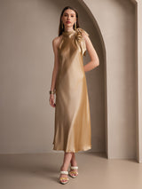 [Champagne] SilkSilky-SE 19Momme Stretch Silk Charmeuse Sleeveless Halter Klänning 006