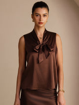 [Mörk Choklad] SilkSilky-SE Sleeveless Tie Neck Cami Toppar 001