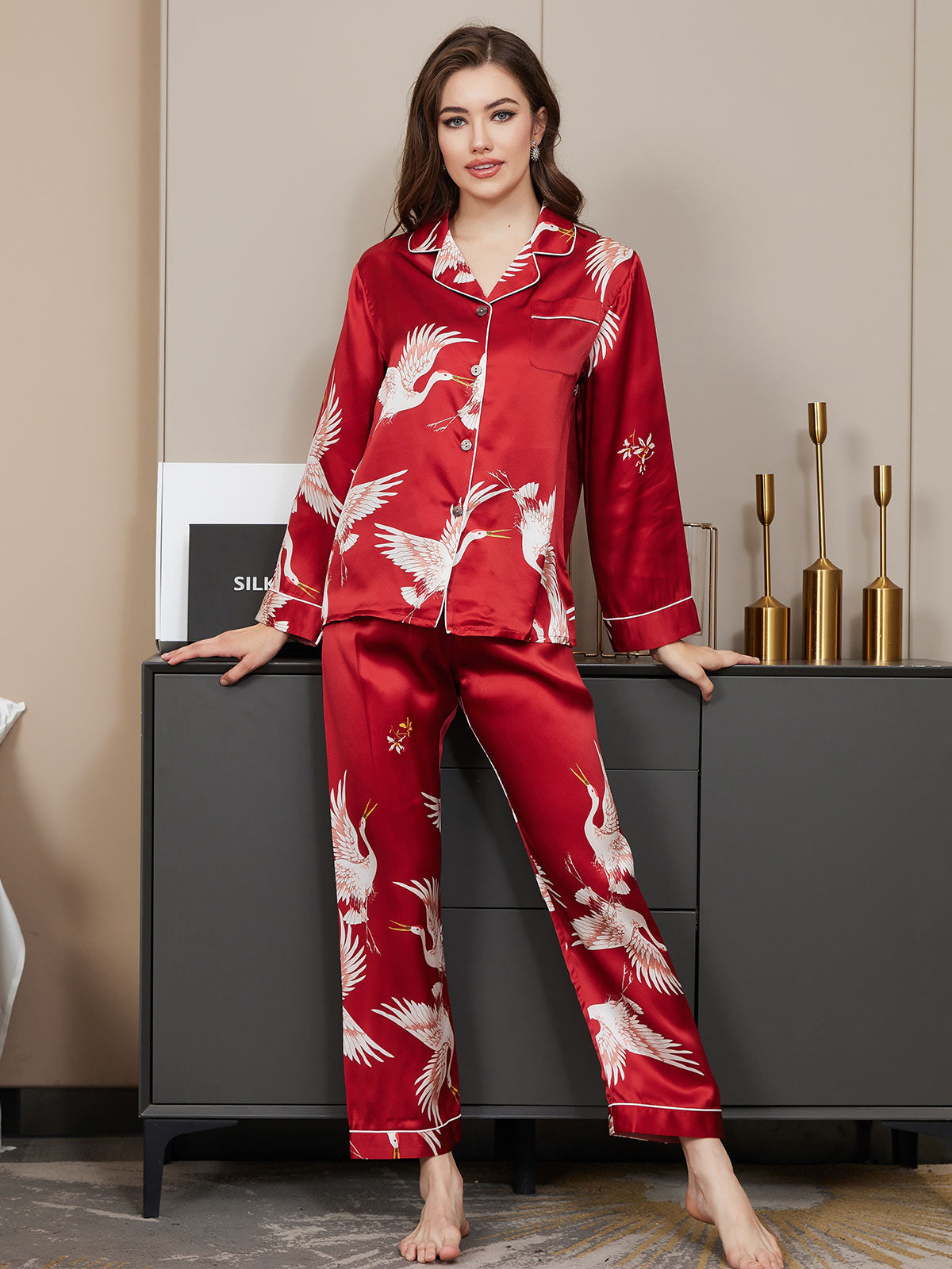 [Mörkröd] SilkSilky-SE 19Momme Rent Silke Womens Pajamas 003,