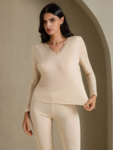 [Beige] SilkSilky-SE Long Sleeve V Neck Dam Långkalsonger 003